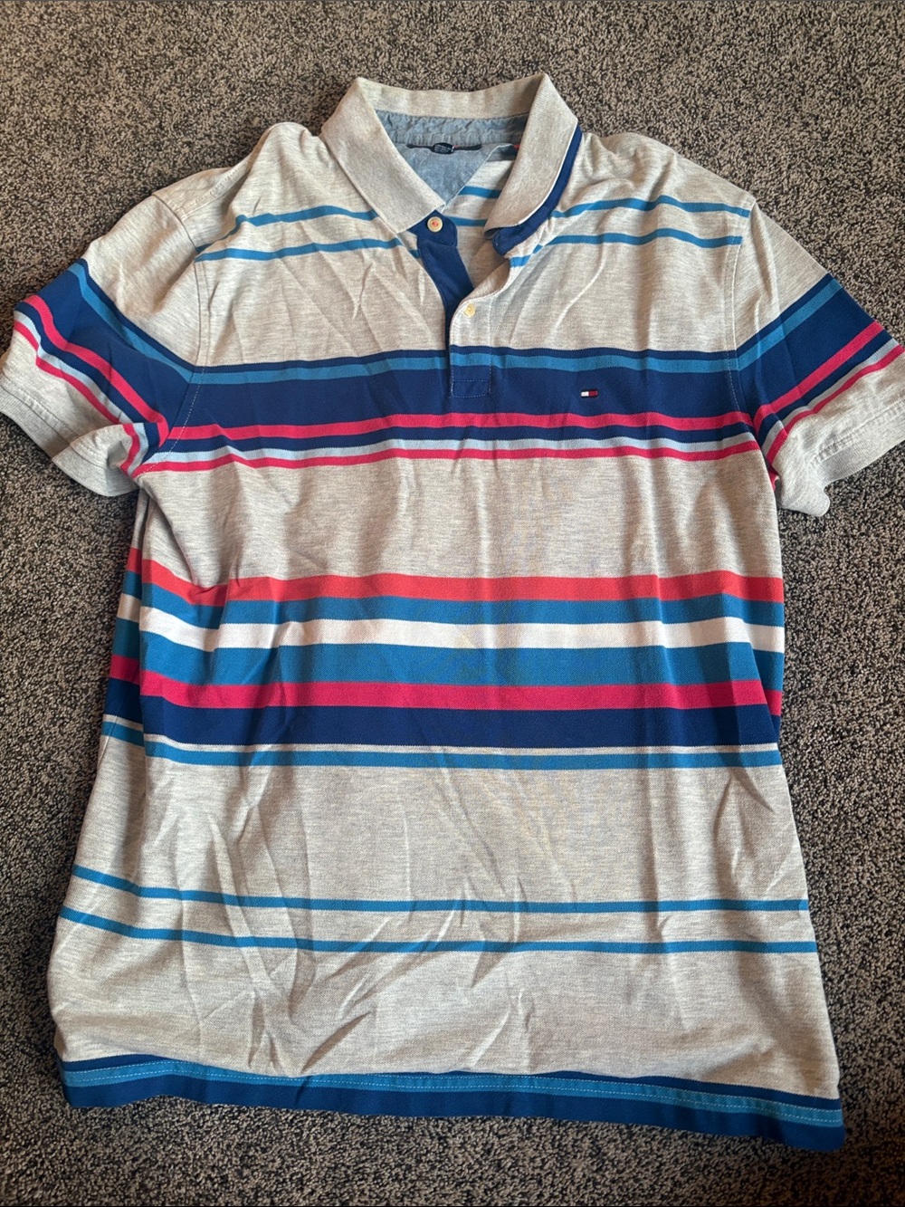 Tommy Hilfiger Men’s Gray Polo with Blue & Pink Stripe Accents